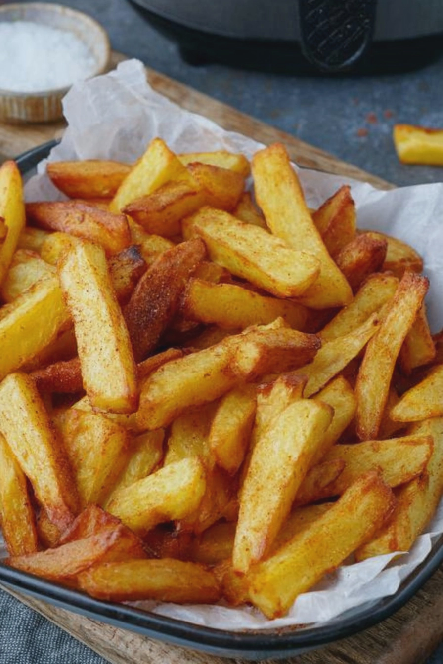 Selbstgemachte Pommes aus der Heißluftfritteuse, knusprig und lecker, serviert mit Dips.