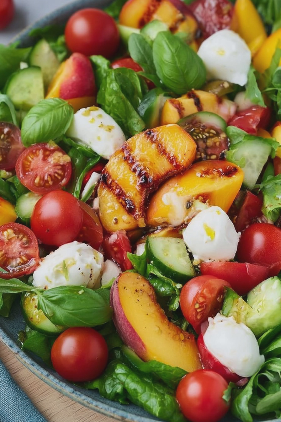 Erfrischender Sommersalat mit Nektarine, Mini-Mozzarella und Pinienkernen auf einem weißen Teller.
