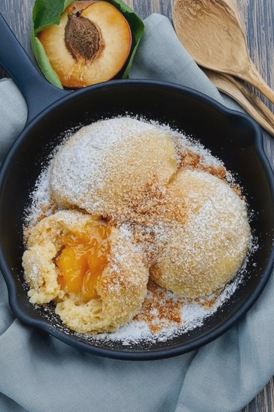 Südtiroler Marillenknödel auf einem schönen Teller, angereichert mit Puderzucker und leckeren Aprikosenstücken.