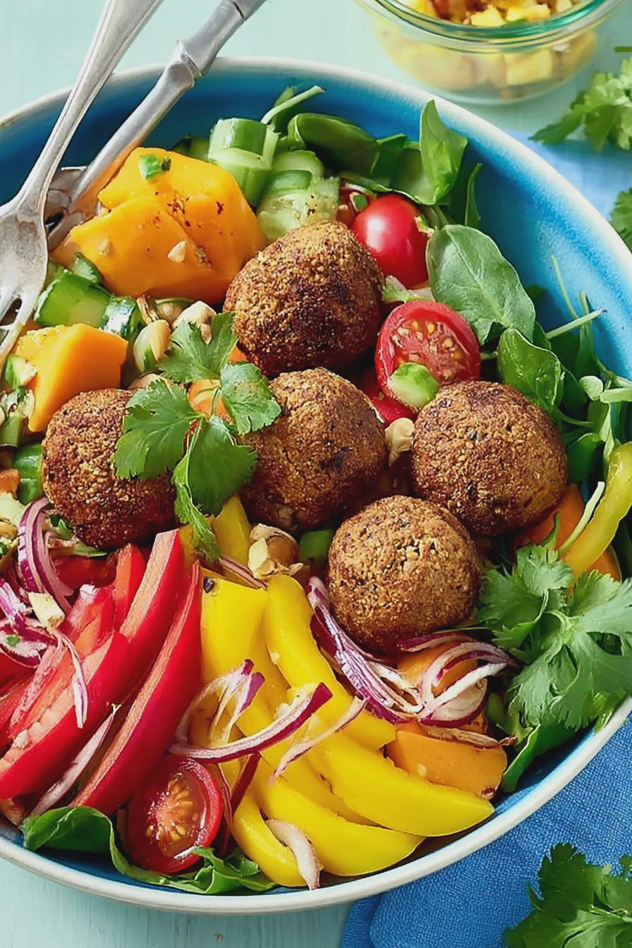 Sommer-Bowl mit Erdnuss-Frikadellen, frischem Gemüse und Rucola, dekoriert auf einem weißen Teller.