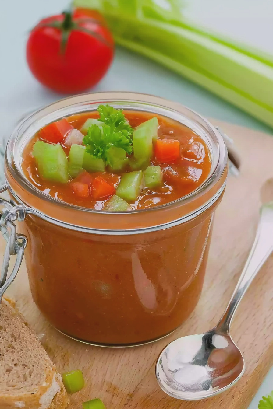 Glas mit Tomaten-Gazpacho garniert mit Selleriesticks und Basilikum auf einem Holzbrett.