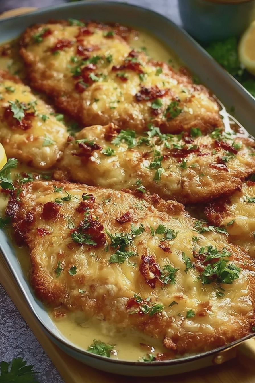 Überbackene Partyschnitzel aus dem Ofen auf einem Teller mit Petersilie garniert.