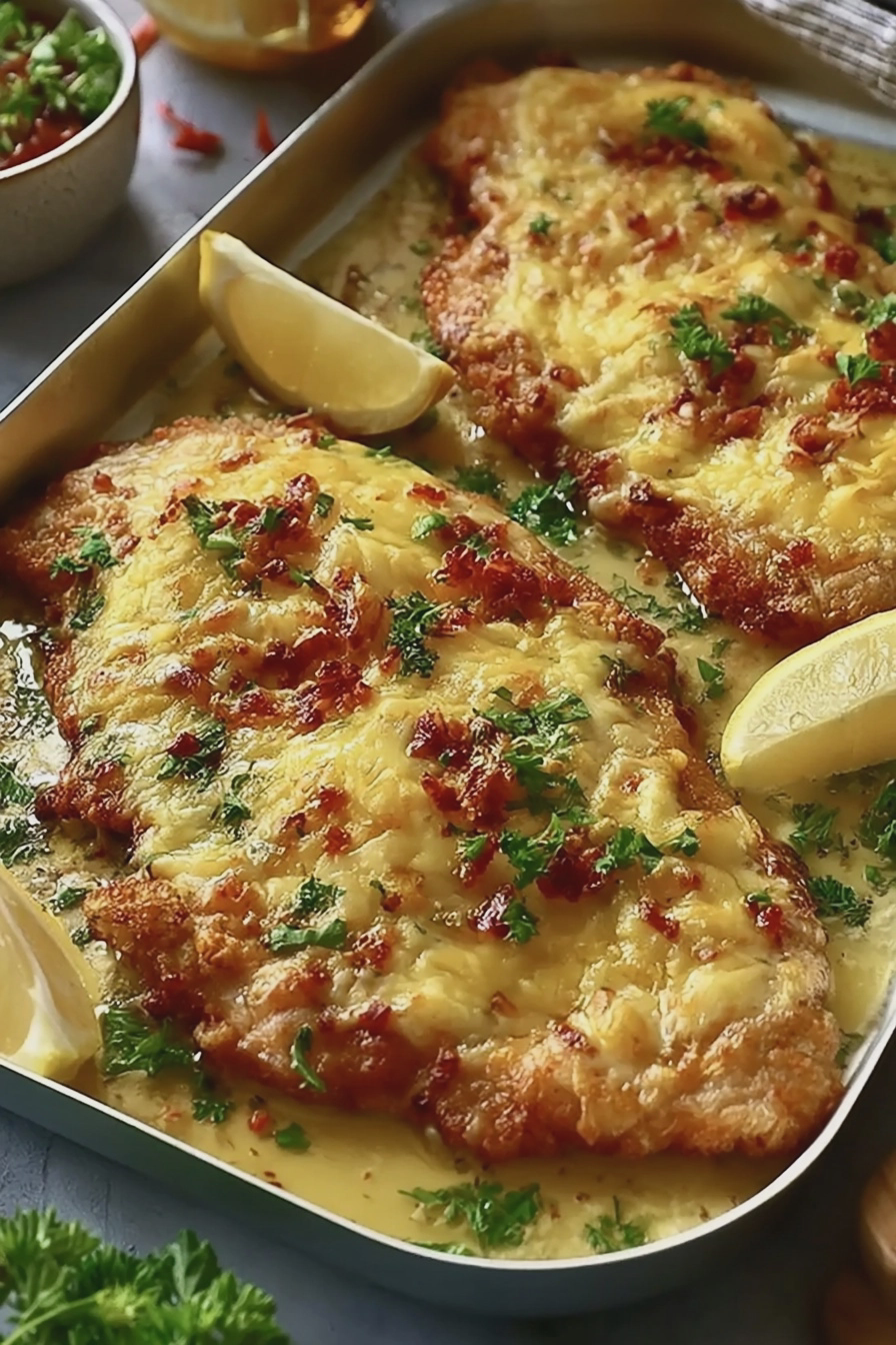 Überbackenes Hähnchenschnitzel aus dem Ofen mit geschmolzenem Käse und frischen Kräutern garniert.