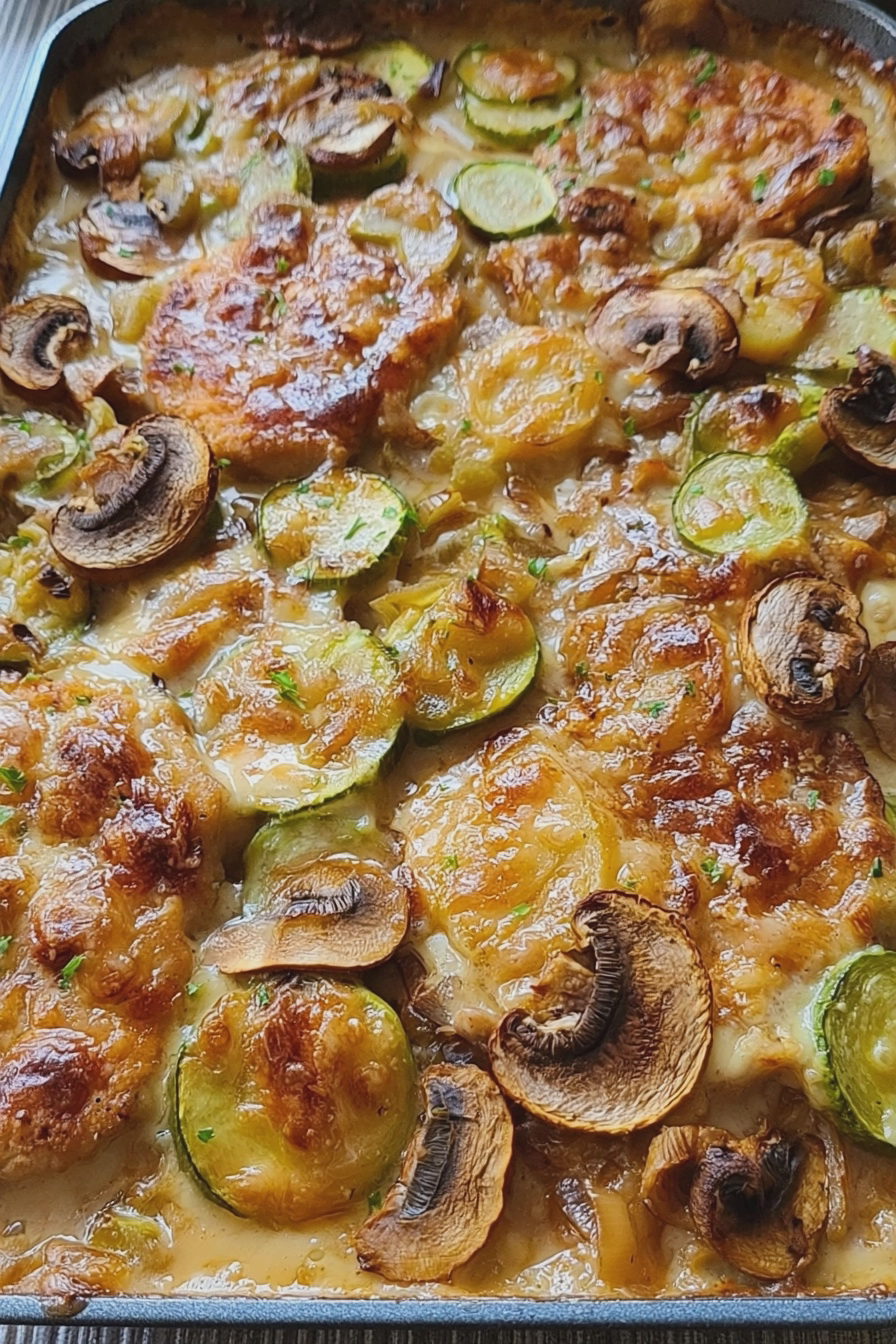 Unwiderstehliches Schnitzelpfanne-Rezept mit goldbraunem Schnitzel, sahniger Soße, Gemüse und knusprigem Speck.