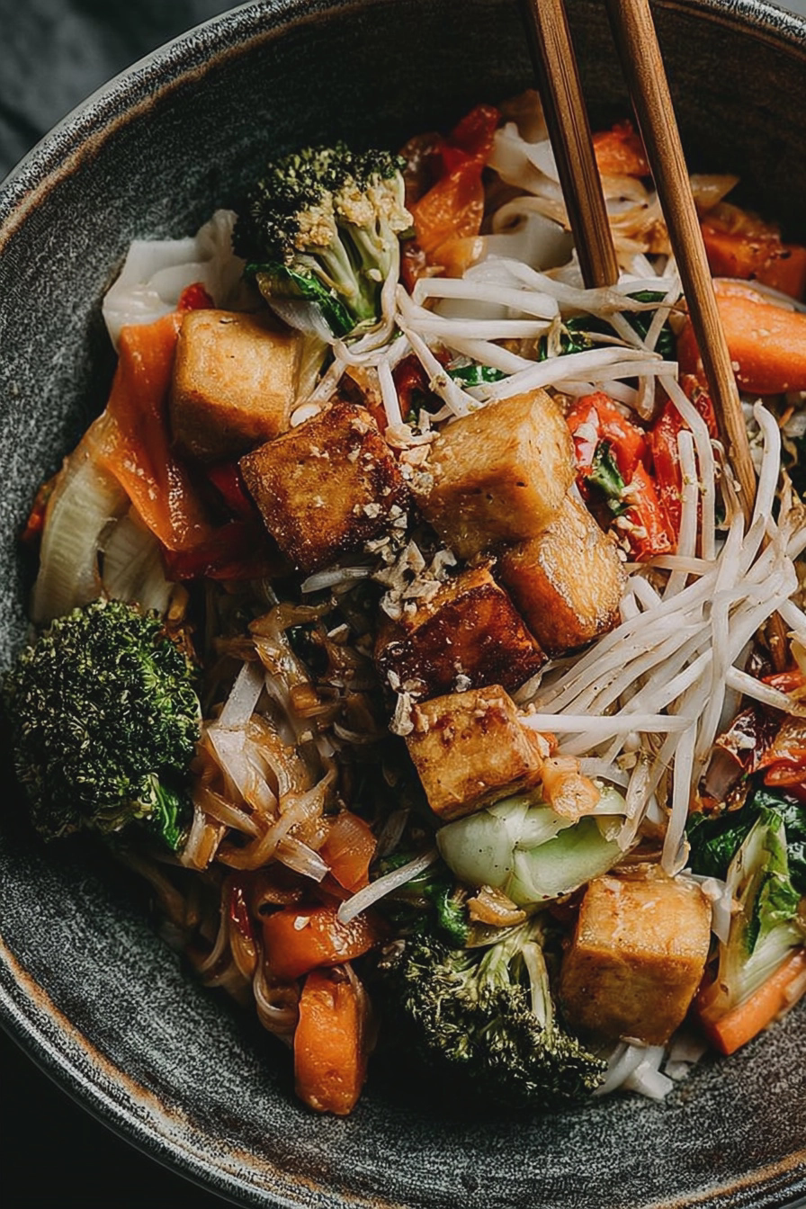 Veganes Pad Thai mit Tofu, garniert mit Koriander und Erdnüssen auf einem Holztisch