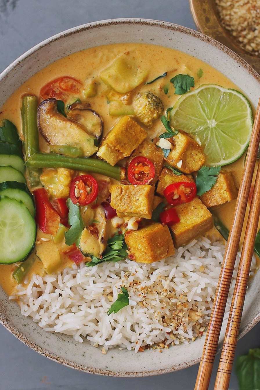 Schüssel mit veganem Thai Erdnuss & Tofu Curry, garniert mit Petersilie und Erdnüssen.