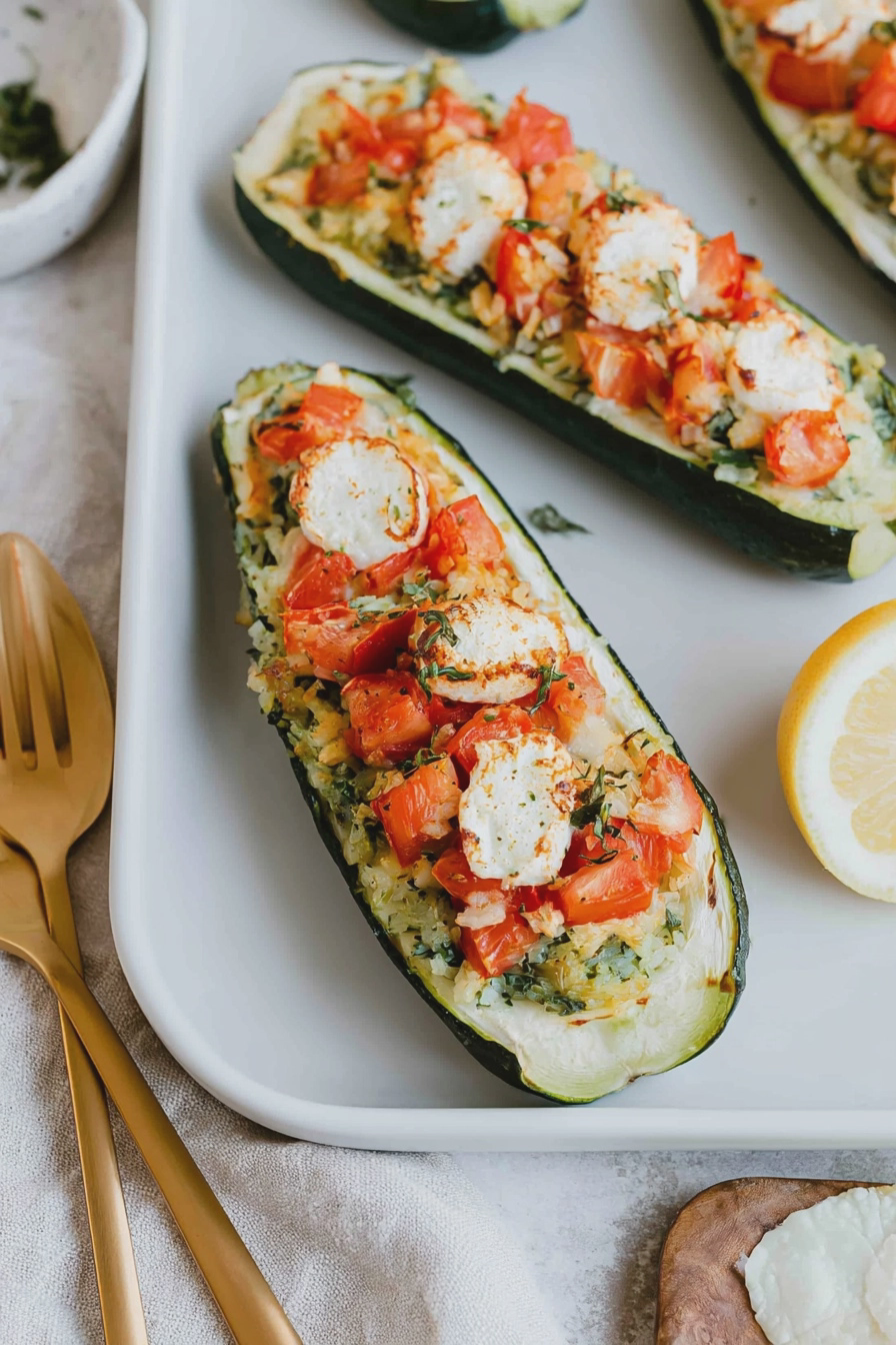 Vegetarisch gefüllte Zucchini mit Reis, Tomaten und Käse, serviert auf einem Holztisch.