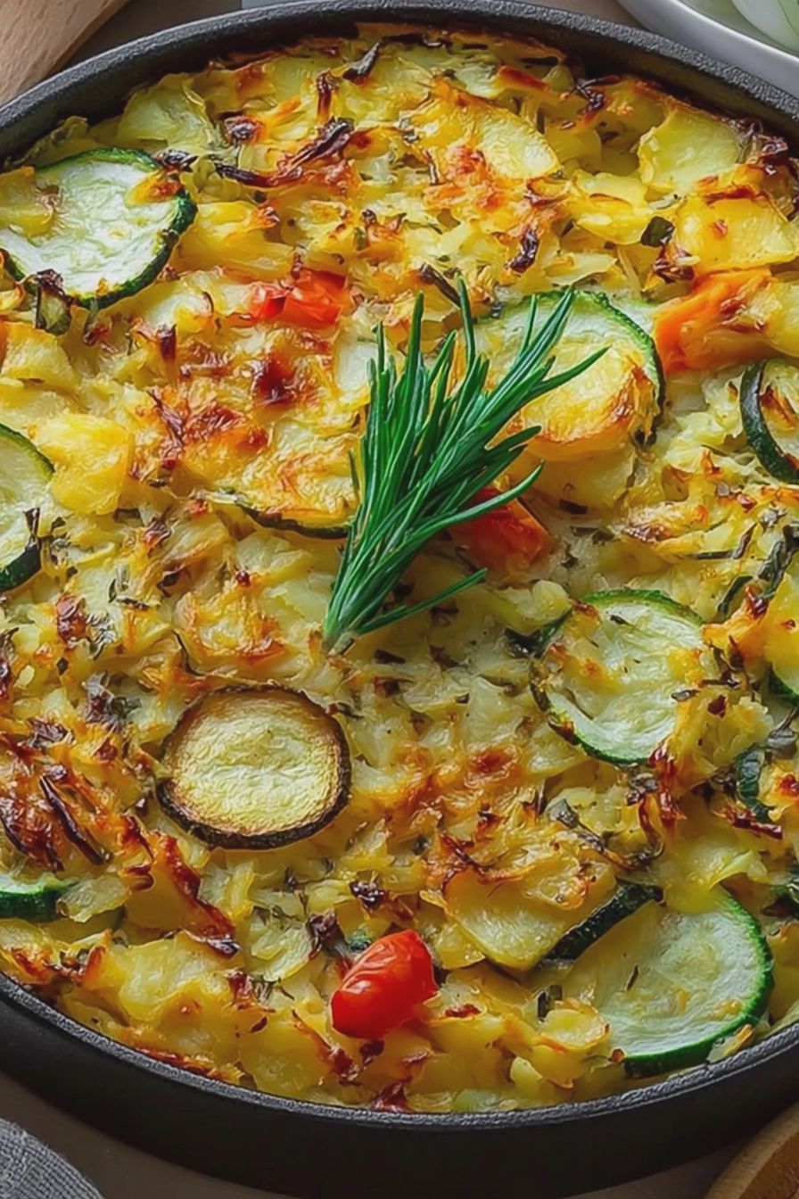 Vegetarischer Kartoffelauflauf mit Zucchini, Karotten und Zwiebeln, serviert auf einem weißen Teller, garniert mit Petersilie.