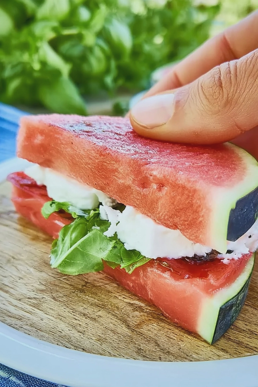Erfrischendes Wassermelonen-Sandwich mit Feta, Rucola und roten Zwiebeln auf einem Holzbrett.