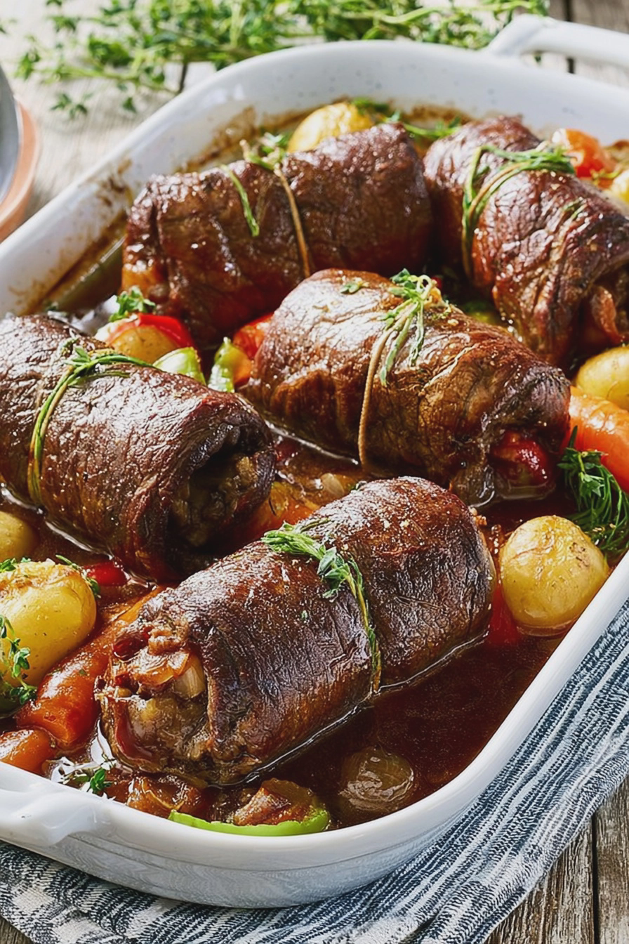 Zarte Rinderroulade im Backofen serviert mit Rotkohl und Kartoffeln, dekoriert mit frischen Kräutern.