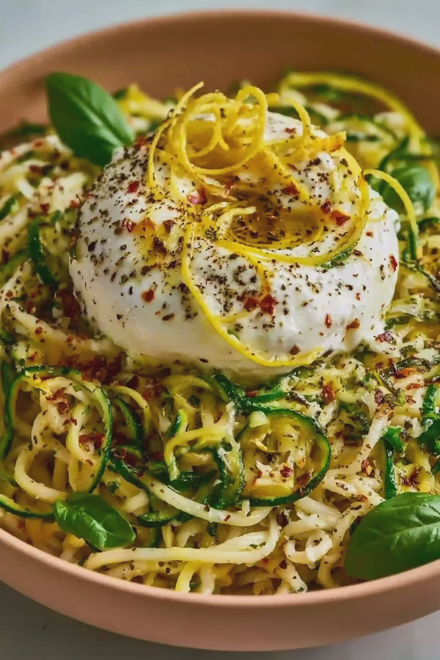Leckere Zitronen-Zucchini-Pasta mit Burrata in einer weißen Schale, dekoriert mit frischen Basilikumblättern und einer Zitronenscheibe.