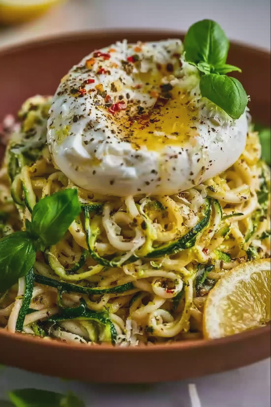 Leckere Zitronen-Zucchini-Pasta mit Burrata und frischem Basilikum.