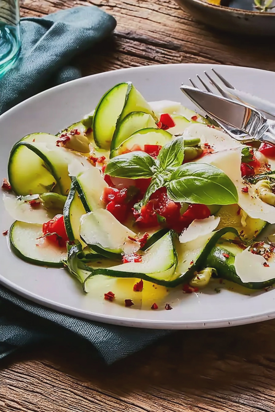 Zucchini-Carpaccio mit Parmesan und Paprika-Salsa auf einem eleganten Teller dekoriert.