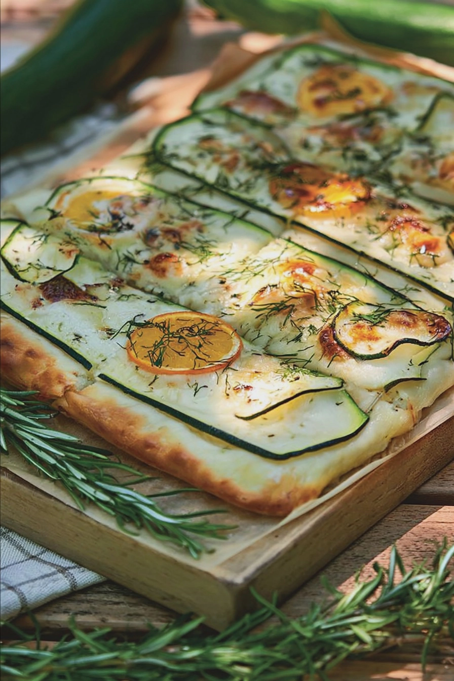 Ein Zucchini-Fladenbrot aus dem Ofen, belegt mit Zucchini und Aprikosen, angerichtet auf einem Holztisch.