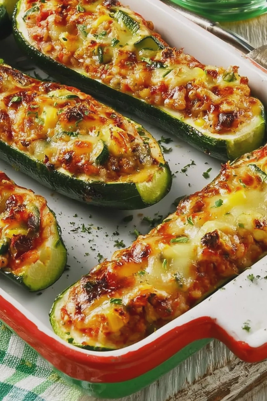 Zucchini mit Grünkernfüllung und geschmolzenem Käse auf einem Holzbrett serviert.
