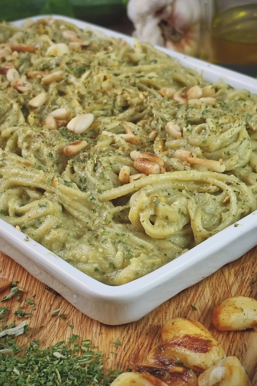 Zucchini Pesto mit Spaghetti, garniert mit frischen Kräutern und Parmesan.