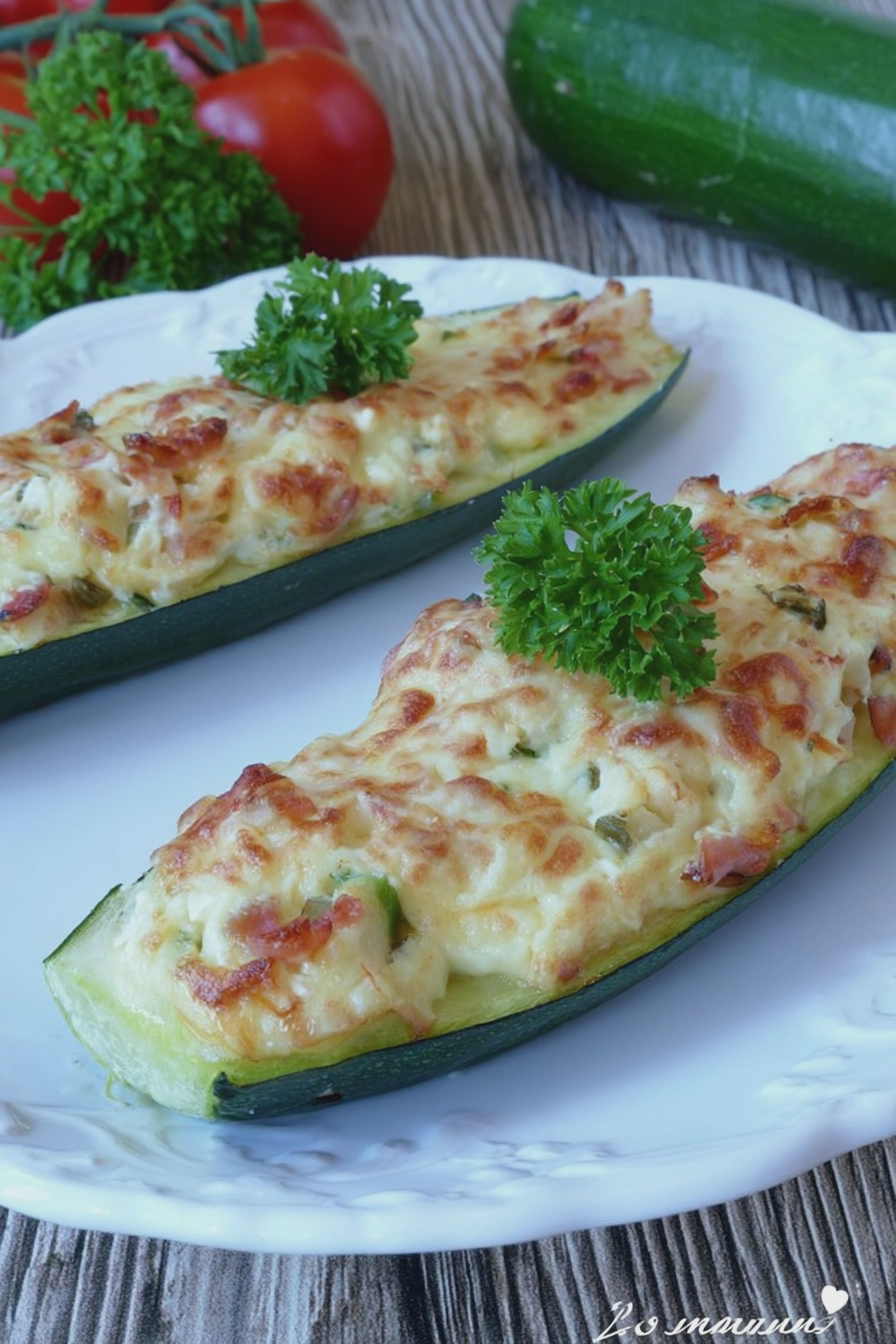 Zucchini-Schiffchen gefüllt mit Frischkäse und Schinken, serviert auf einem Holzbrett.