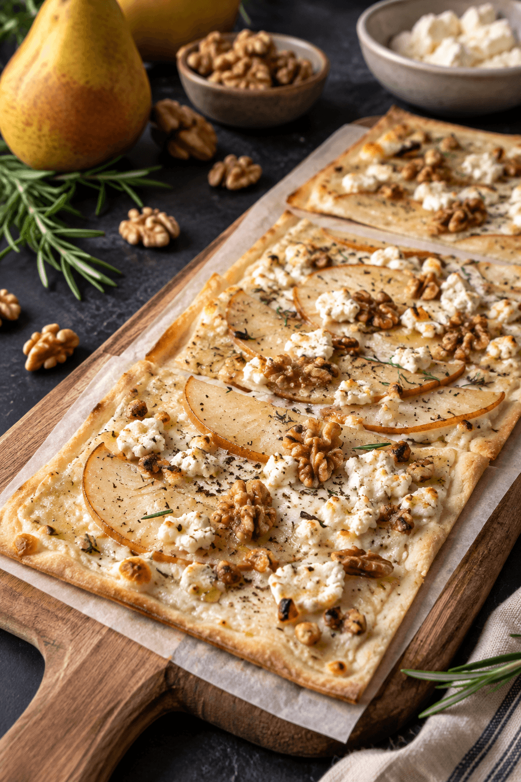 Flammkuchen mit Birne, Walnuss und Ziegenkäse