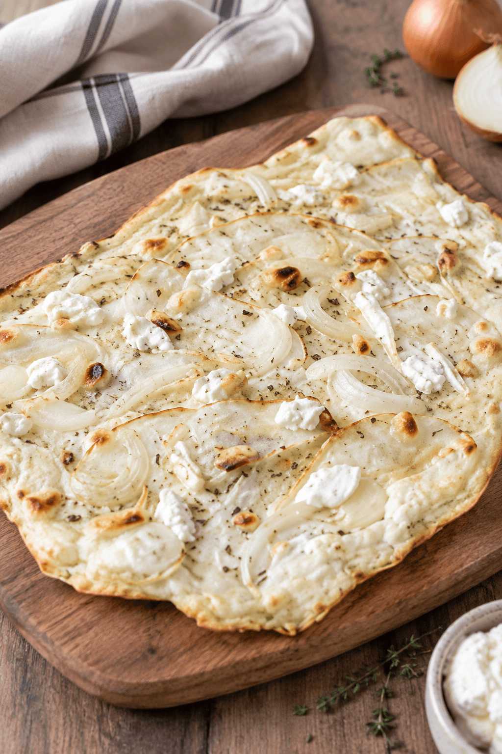 Flammkuchen mit Birnen, Ziegenfrischkäse und Pinienkernen