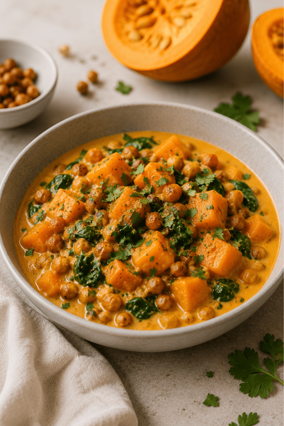 Kürbiscurry mit Kokosmilch & gerösteten Kichererbsen
