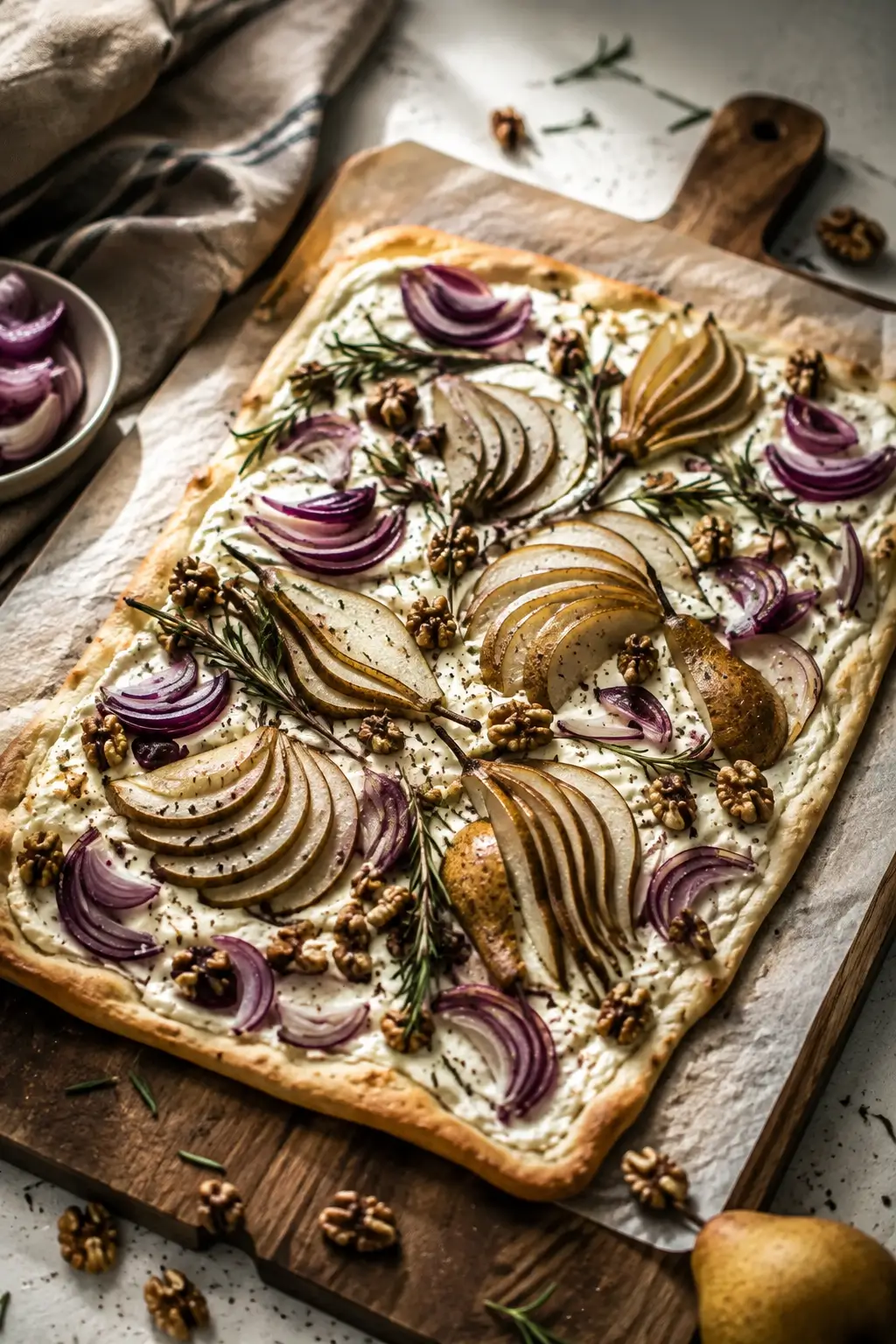 Feiner Flammkuchen mit Birne, Ziegenkäse & Walnüssen