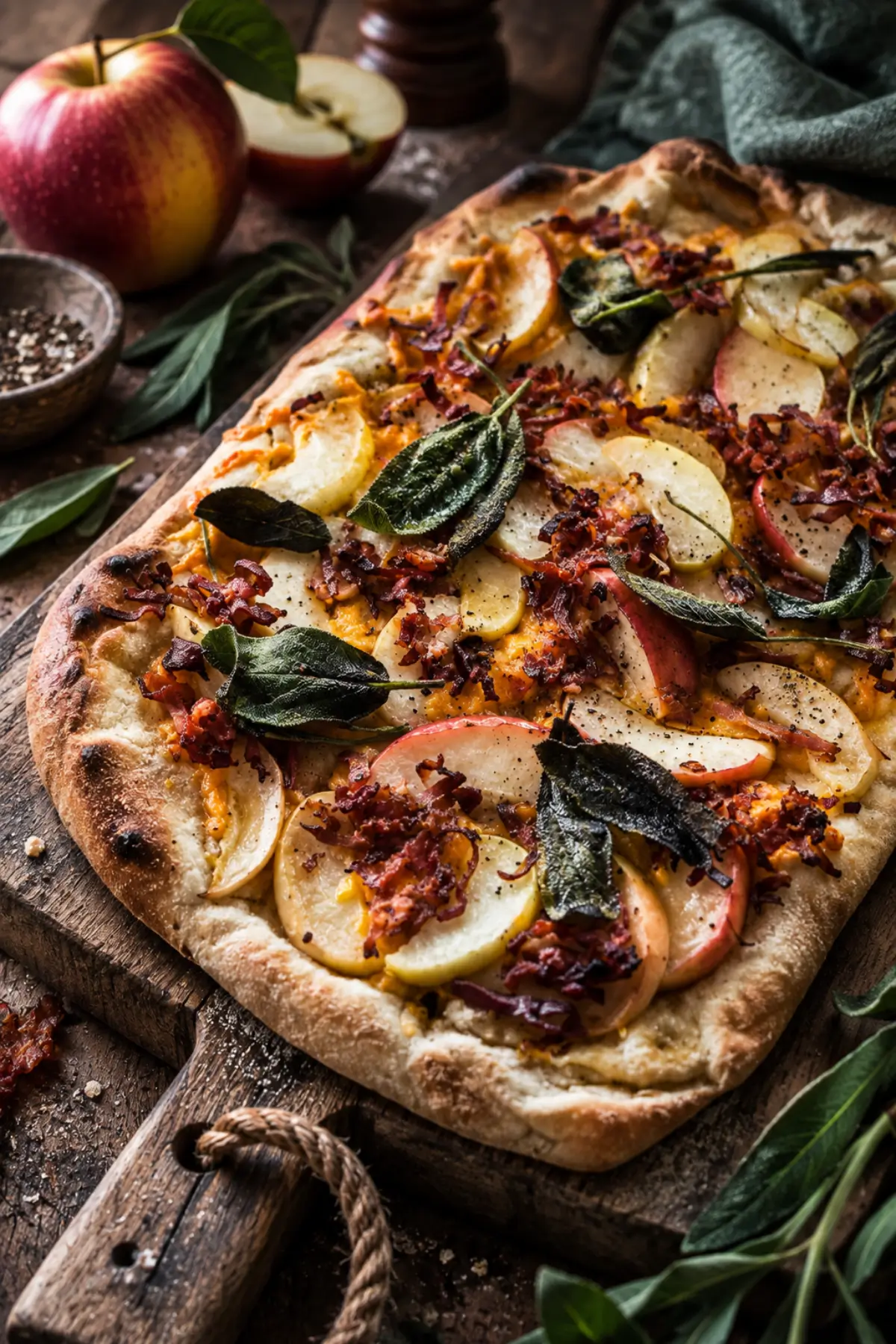 Apfelpizza mit Bacon und Cheddar